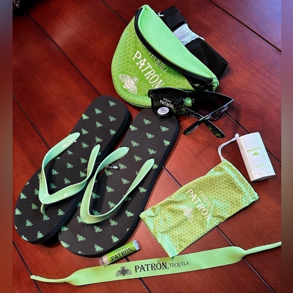 PATRON Tequila Bundle Sunglasses, FlipFlops, Fanny Pack, SPF Stick, SPF Lip Balm